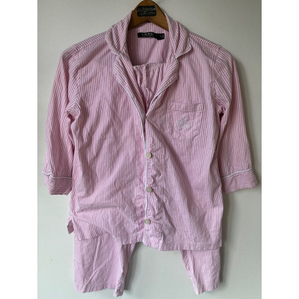 Lauren Ralph Lauren Pink White Striped Pajama Set Monogram Sleepwear Womens S - Picture 2 of 5